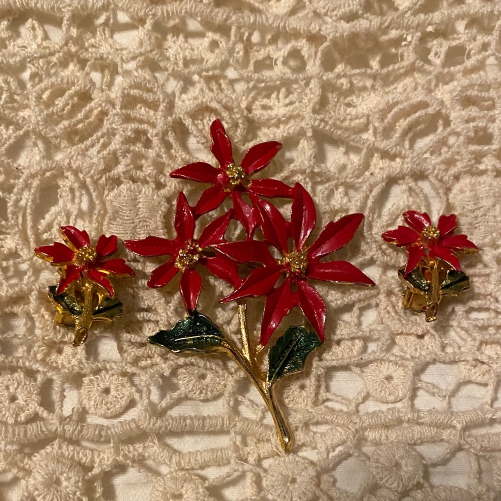 Vintage Poinsettia Christmas Pin Brooch and Matching Clip Earrings